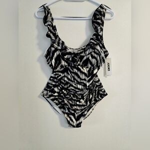 DKNY Monochrome Black White Ruffles Patterned Swimsuit Padded Wire Size L